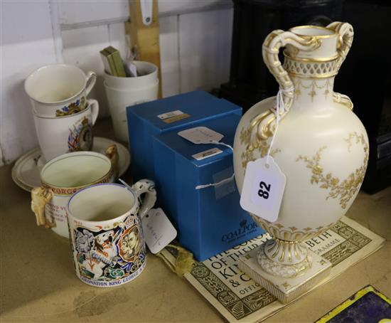 Mintons ivory-ground pedestal vase, Laura Knight 1937 coronation mug, 1887 Jubilee ribbon, sundry Royal memorabilia etc